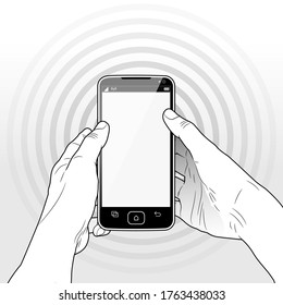 A Smart-Phone device vertically held firmly in both hands. A blank screen is presented on the handset display.