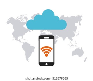 smartphone device with wireless icon on screen and cloud storage icon over world map background. vector illustration