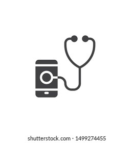 Smartphone diagnostic vector icon. filled flat sign for mobile concept and web design. Mobile phone with stethoscope glyph icon. Symbol, logo illustration. Vector graphics