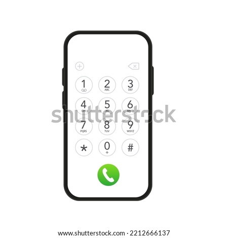 Smartphone dial keypad design. Keyboard template in touchscreen device. User Keypad with numbers and letters for phone. Keypad on smartphone screen. Vector illustration