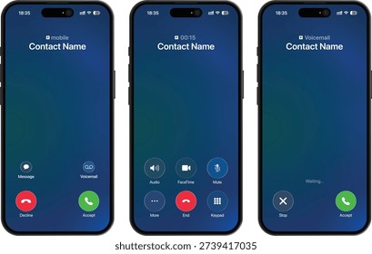 Smartphone dial keypad Interface mockup. iOS device calling display Incoming, active, voicemail screens. Mobile iphone pro max keypad design. Vector Illustration. App template UI mock up Illustration