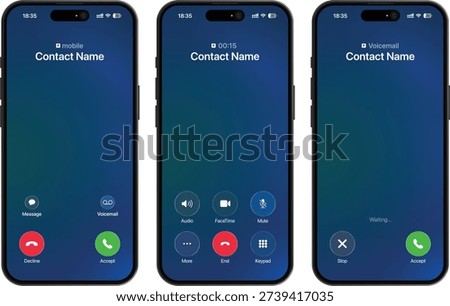 Smartphone dial keypad Interface mockup. iOS device calling display Incoming, active, voicemail screens. Mobile iphone pro max keypad design. Vector Illustration. App template UI mock up Illustration