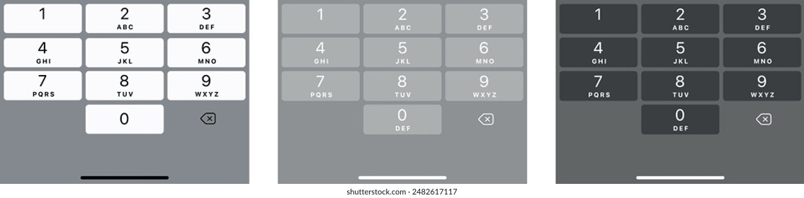 Smartphone dial keypad with numbers and letter set. Black, white and grey collection of interface keypad for touchscreen device. Dialing numbers phone on smartphone screen. Mobile iphone keypad design