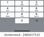 Smartphone dial keypad with numbers and letters. Interface keypad for touchscreen device. Dialing numbers phone on screen. Mobile phone keypad design. Light mode with white button Vector Illustration.