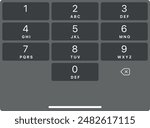 Smartphone dial keypad with numbers and letters. Interface keypad for touchscreen device. Dialing numbers phone on screen. Mobile iphone keypad design. Dark mode with black button Vector Illustration.