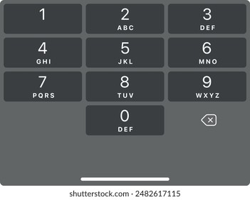 Smartphone dial keypad with numbers and letters. Interface keypad for touchscreen device. Dialing numbers phone on screen. Mobile iphone keypad design. Dark mode with black button Vector Illustration.