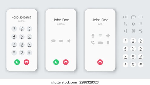 Smartphone dial phone ui set. Phone number pad, call screen with keypad and dial buttons. Mockup incoming call. Vector isolated illustration touchscreen telephone interface