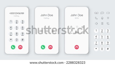 Smartphone dial phone ui set. Phone number pad, call screen with keypad and dial buttons. Mockup incoming call. Vector isolated illustration touchscreen telephone interface