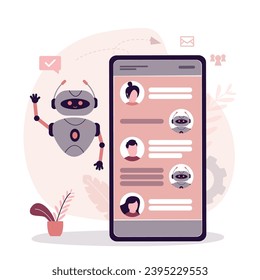 Smartphone with dialogue between chatbot ai and clients. Customer service on cellphone. Users talking with chatbot. Chat bot virtual assistant. Customer support app. Helping service. flat vector