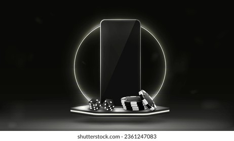 A smartphone with dice and poker chips on a hexagonal podium with a neon frame in black and white. A concept for a casino with a mobile phone.