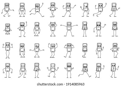 Smartphone with different emotions in different positions. Set of vector icons in outline style. Isolated on white. Emotions on the device display.