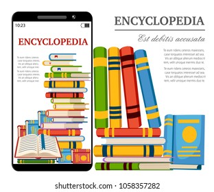 Smartphone with digital books. Online library concept. Read encyclopedia in web. Cartoon style design. Vector illustration isolated on white background website page and mobile app design.