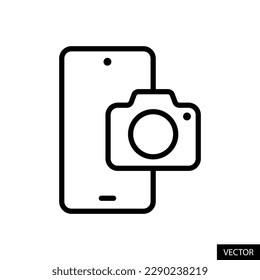 Smartphone and digital camera, mobile phone photography concept vector icon in line style design for website, app, UI, isolated on white background. Editable stroke. EPS 10 vector illustration.