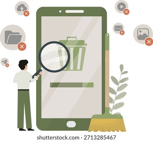 Smartphone digital cleanup concept isolated. Flat digital cleanup with man scanning smartphone trash bin, deleting files and optimizing storage, isolated on transparent background. Vector illustration
