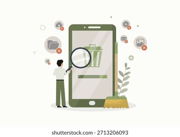 Digitale Bereinigung und Speicherabtastung für Smartphones. Man scannt das Symbol des Mülleimers auf dem Smartphone, löscht Dateien und optimiert den Speicher, ideal für Technik, Sicherheit und digitale Säuberung am Tag. Vektorgrafik