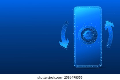 smartphone with digital currency with circular arrows Euro cashback. 3D money in light blue futuristic style on phone screen and growth chart