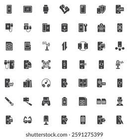 Smartphone and Digital Devices vector icons set, modern solid symbol collection, filled style pictogram pack. Signs, logo illustration. Set includes icons as phone touch screen, Earbuds, Phone Case