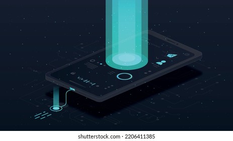 Smartphone digital gadget. Modern technologies, innovations and devices. Advertising poster or banner for website. Phone settings, working with statistics. Cartoon isometric vector illustration