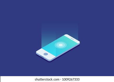 Smartphone. Digital gadget. Touchscreen mobile phone glows. 3d isometric flat design. Vector illustration.