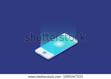 Smartphone. Digital gadget. Touchscreen mobile phone glows. 3d isometric flat design. Vector illustration.