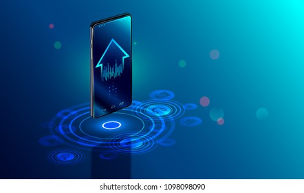 Smartphone with digital logo smart home stand at iot icons. Smart phone controls devices of smart home via wireless connection and voice commands. Internet of things concept.