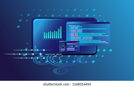 Smartphone with digital new concept business. Web development and coding. Platform development website. Adaptive layout internet page or web interface on screen. Isometric concept illustration.