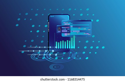 Smartphone with digital new concept business. Web development and coding. Platform development website. Adaptive layout internet page or web interface on screen. Isometric concept illustration.
