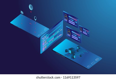 Smartphone with digital new concept business, big data, web development and coding. Platform development website. Adaptive layout internet page or web interface on screen. Isometric concept illustrati