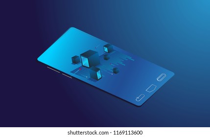 Smartphone with digital new concept business, big data, web development and coding. Platform development website. Adaptive layout internet page or web interface on screen. Isometric concept illustrati