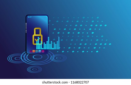 Smartphone with digital new smart lock and security system. Smart phone controls devices via wireless connection and voice commands. Background technology Internet of things security concept.