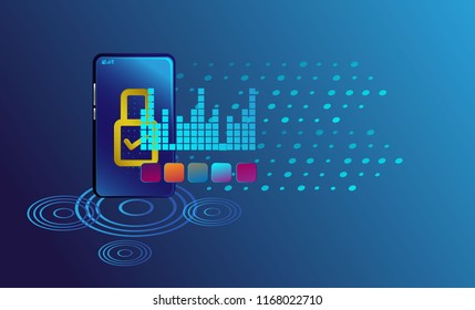 Smartphone with digital new smart lock and security system. Smart phone controls devices via wireless connection and voice commands. Background technology Internet of things security concept.