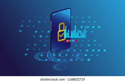 Smartphone with digital new smart lock and security system. Smart phone controls devices via wireless connection and voice commands. Background technology Internet of things security concept.