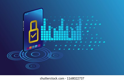 Smartphone with digital new smart lock and security system. Smart phone controls devices via wireless connection and voice commands. Background technology Internet of things security concept.