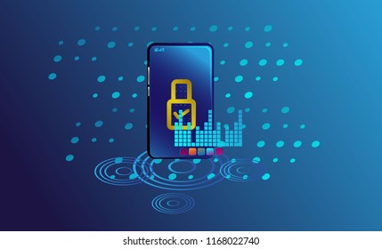 Smartphone with digital new smart lock and security system. Smart phone controls devices via wireless connection and voice commands. Background technology Internet of things security concept.