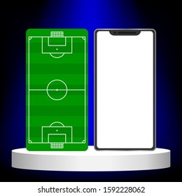 smartphone digital screen blank and football field, template for media soccer sports on mobile phone, empty mobile for banner soccer live score online, template football game player on smartphone app