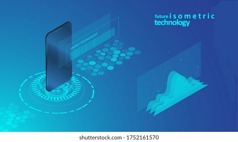 Smartphone with digital screen hologram in isometric design style on colored background. Graphic concept for your design.