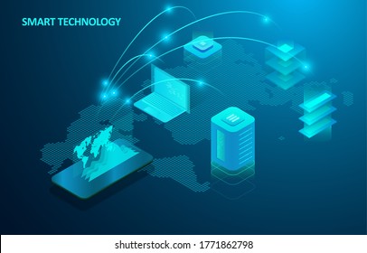 Smartphone with digital screen hologram in isometric design style. Composition smart object and smart technology design. Graphic concept for your design.  