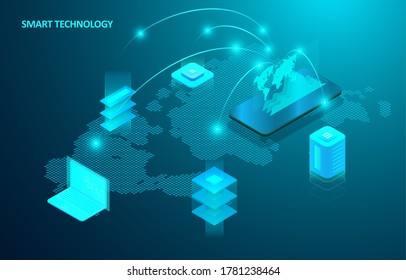 Smartphone with digital screen hologram in isometric design style. Composition smart object and smart technology design. Graphic concept for your design.  