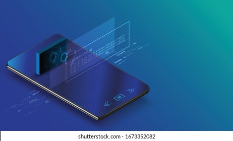Teléfono inteligente con tecnología holográfica de pantalla digital concepto futurista de información