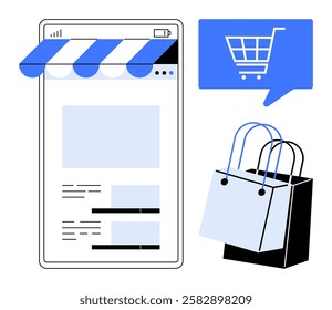 Smartphone with digital storefront, blue speech bubble with shopping cart icon, and shopping bags. Ideal for e-commerce, online retail, mobile shopping, digital marketing, customer experience