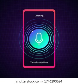 smartphone digital voice recognition listening sound concept design with microphone icon and circle audio wave vector illustration. AI voice assistant.