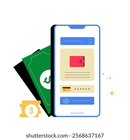 Smartphone With Digital Wallet And Currency In Flat Vector Illustration Symbolizing Online Payments, Secure Transactions, And Mobile Banking, Isolated On White Background.
