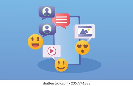 smartphone dimension with chat keyboard emoji notification icons.on blue background.Vector Design Illustration.