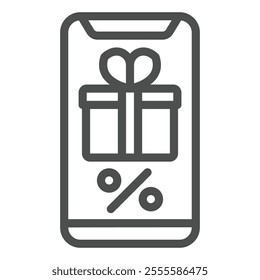Smartphone with discount box line icon, shopping online concept. Vector graphics. Phone screen online shop sign on white background, outline style icon for mobile or web design