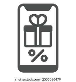 Smartphone with discount box solid icon, shopping online concept. Vector graphics. Phone screen online shop sign on white background, glyph style icon for mobile or web design