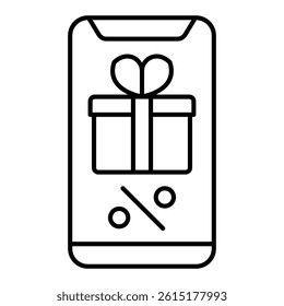 Smartphone with discount box thin line icon, shopping online concept. Vector graphics. Phone screen online shop sign on white background, linear style for mobile or design