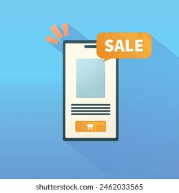 Smartphone with discount notification and shopping cart button, concept of promotion and online sales, virtual store notification with discounted products, ecommerce concept announcing promotions