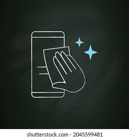 Smartphone disinfection chalk icon. Wiping mobile phone display with cleaning cloth. Hygiene and covid pandemic health safety concept. Isolated vector illustration on chalkboard