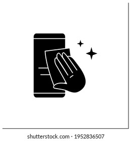 Smartphone disinfection glyph icon. Wiping mobile phone display with cleaning cloth. Hygiene and covid pandemic health safety concept.Filled flat sign. Isolated silhouette vector illustration