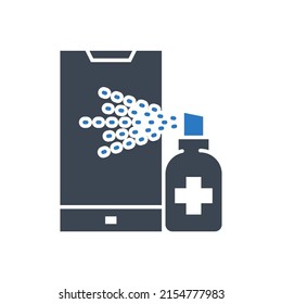 Smartphone disinfection related vector glyph icon. Alcohol Disinfector sprays aerosol onto smartphone screen. Disinfection sign. Isolated on white background. Editable vector illustration